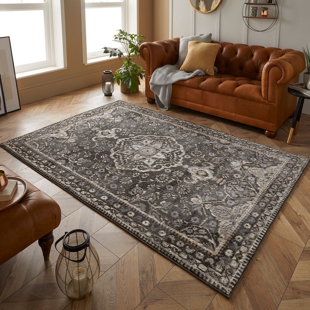 Vinci 1401 B Distressed Rugs in  Charcoal Grey